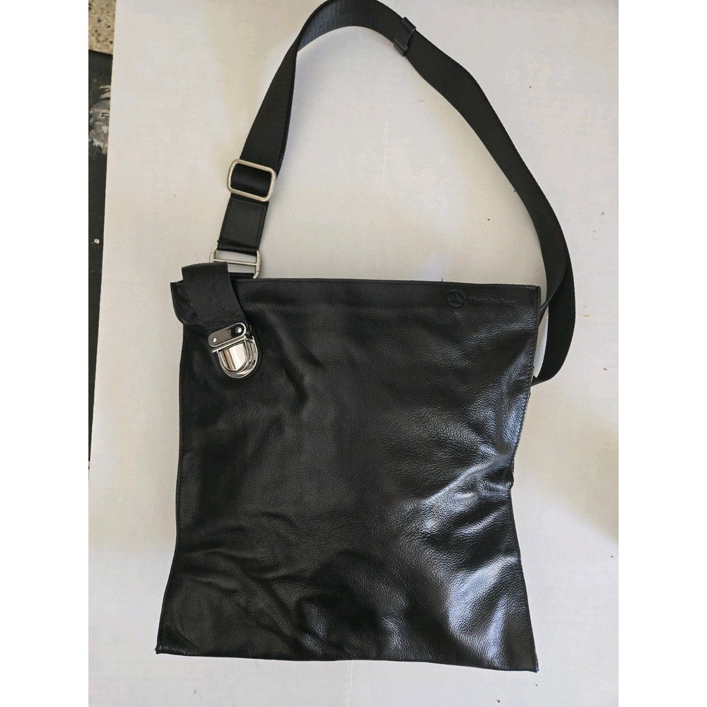 MERCEDES BENZ Leather Bag Black Unique Closure Adjustable Strap Clean Condition